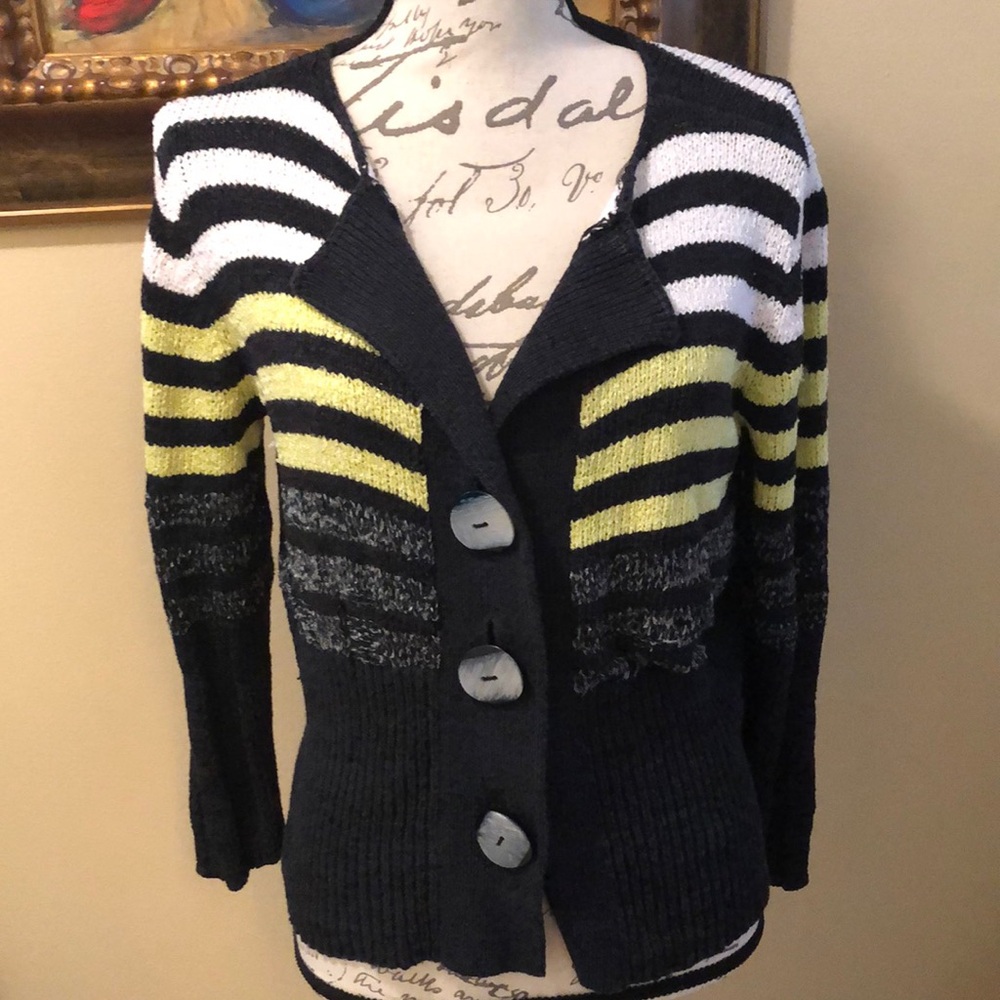 Curio big mop button dow long sleeved striped cotton blend cardigan sweater